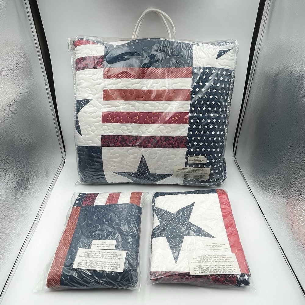 Americana Patch Full Queen Quilt Set 86x86 w/ 2 Shams Patriotic USA NIP